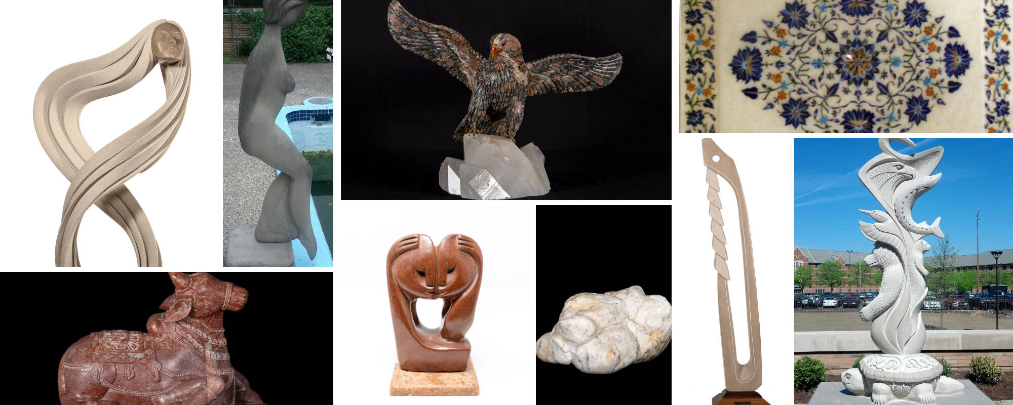 Collage of nine different images from the GVSU Art Museum Collection that showcase different stone sculptures.